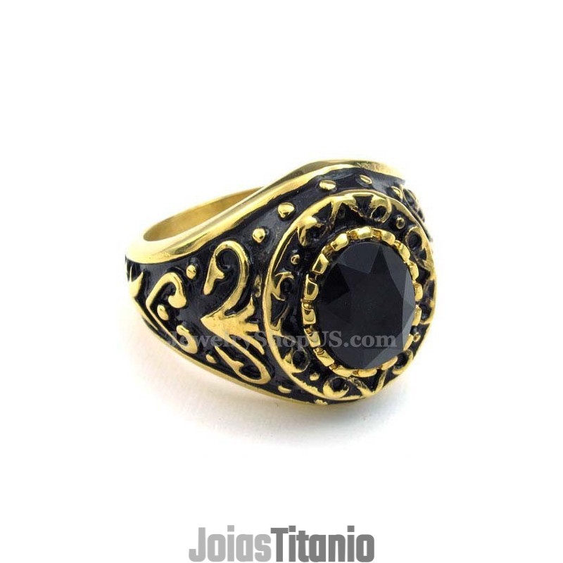 Anel De Titânio Dourado Com Zircônia Preta Anel De Titânio Dourado Com Zircônia Preta