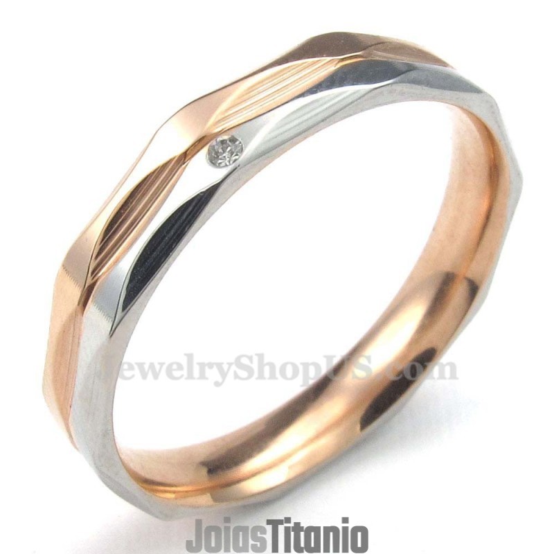 Anel De Casal Em Titânio E Ouro Rosa Com Zircônia Branca