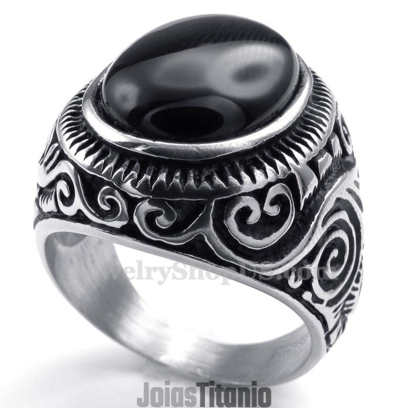 Anel De Titânio Com Pedra Ornamental Preta Anel De Titânio Com Pedra Ornamental Preta