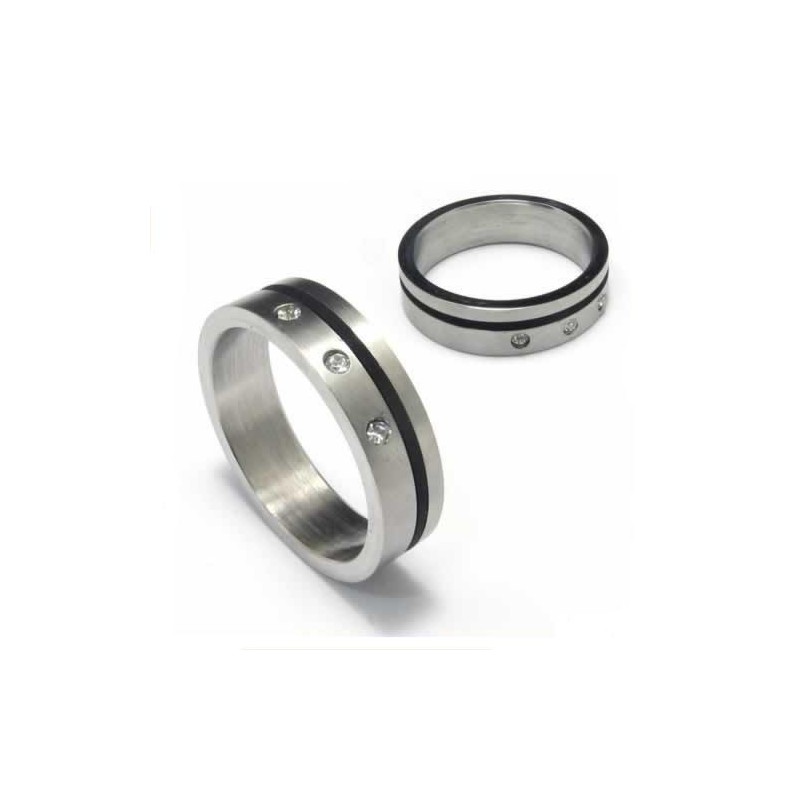 Anel De Titânio Com 5 Mm De Diamante E Faixa De Esmalte Preto Anel De Titânio Com 5 Mm De Diamante E Faixa De Esmalte Preto