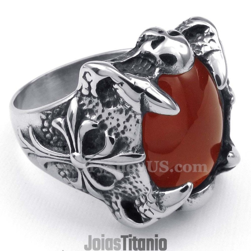 Anel De Ágata Vermelha De Titânio Incrustado