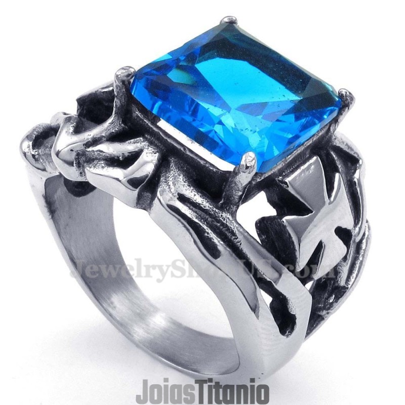 Anel De Titânio Com Pedra Ornamental Azul Anel De Titânio Com Pedra Ornamental Azul