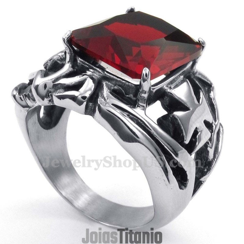 Anel De Titânio Com Pedra Ornamental Vermelha Anel De Titânio Com Pedra Ornamental Vermelha
