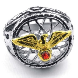 Anel De Águia De Ouro E Titânio Com Zircônia Vermelha