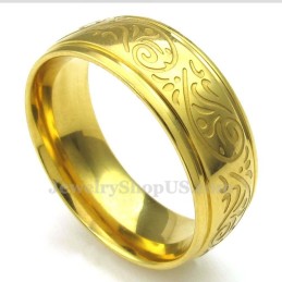 Anel Redondo De Titânio Dourado Com Padrão Floral