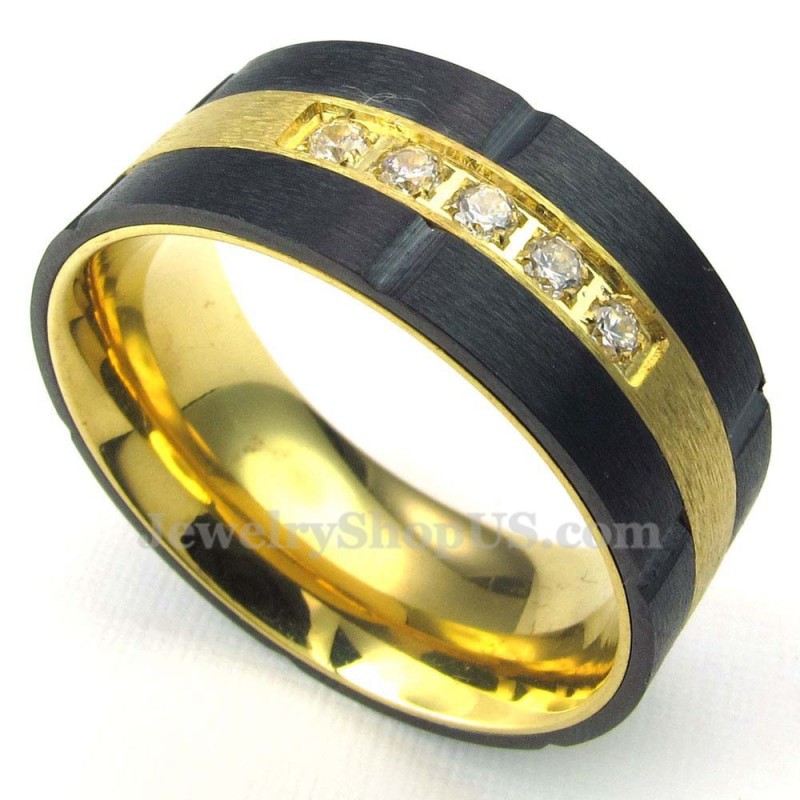 Anel De Titânio Preto Dourado Com Zircônia Branca