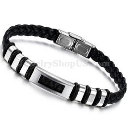 Pulseira Masculina De Couro De Titânio Preto E Prata C767