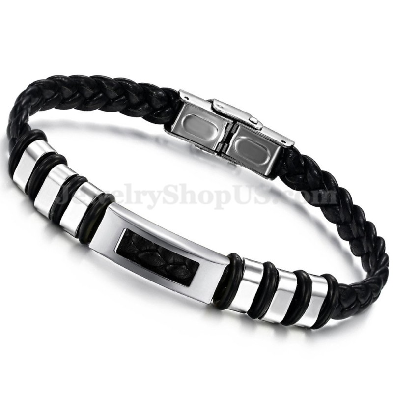 Pulseira Masculina De Couro De Titânio Preto E Prata C767 Pulseira Masculina De Couro De Titânio Preto E Prata C767