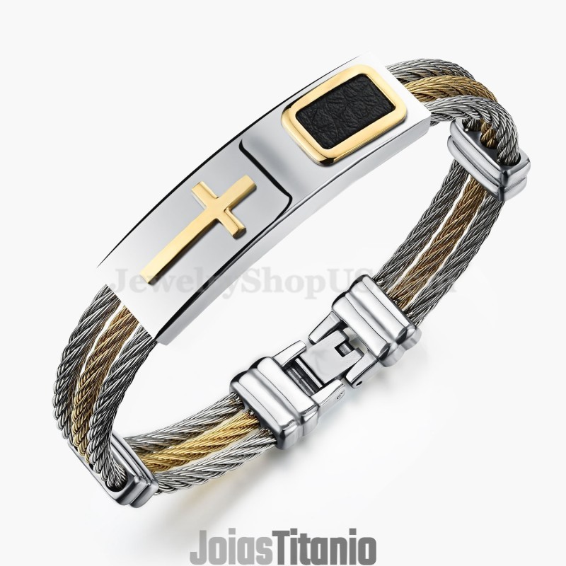 Pulseira Masculina De Titânio E Ouro Com Cruz C785 Pulseira Masculina De Titânio E Ouro Com Cruz C785