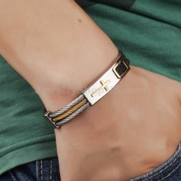 Pulseira Masculina De Titânio E Ouro Com Cruz C785