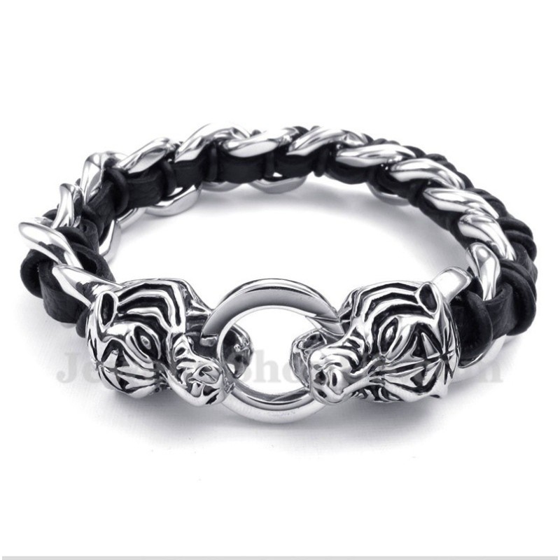 Pulseira Masculina De Couro Com Cabeça De Tigre Em Titânio
