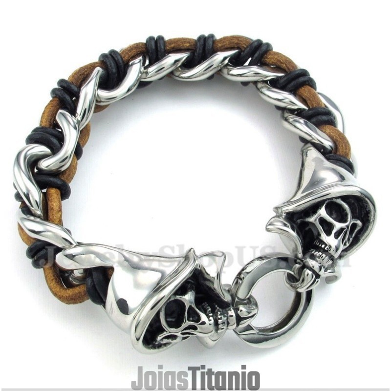 Pulseira Masculina De Couro Grim Reaper Em Titânio Pulseira Masculina De Couro Grim Reaper Em Titânio