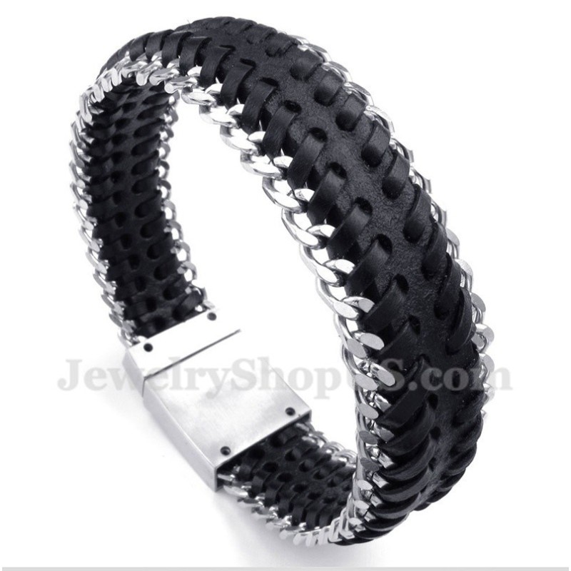 Pulseira Masculina De Couro Preto De Titânio Pulseira Masculina De Couro Preto De Titânio