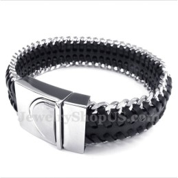 Pulseira Masculina De Couro Preto De Titânio