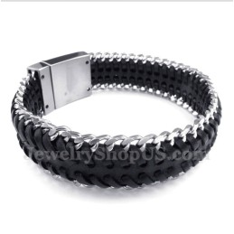 Pulseira Masculina De Couro Preto De Titânio