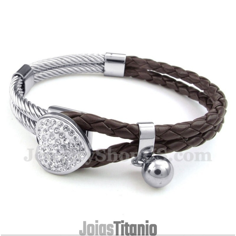 Pulseira Masculina De Couro E Titânio Em Formato De Coração Pulseira Masculina De Couro E Titânio Em Formato De Coração