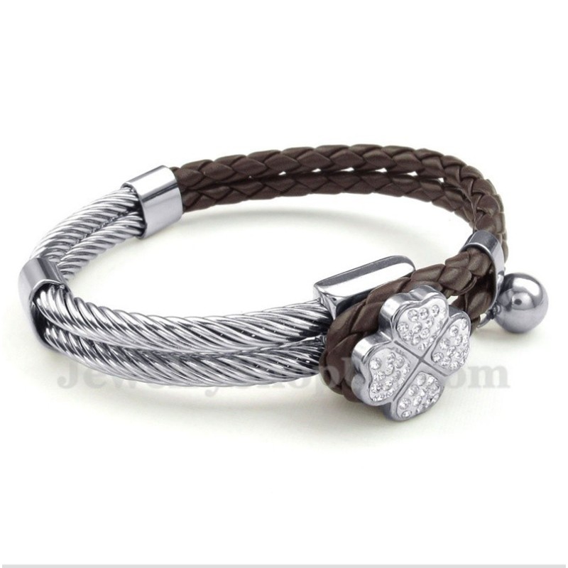 Pulseira Masculina De Couro Clover Em Titânio