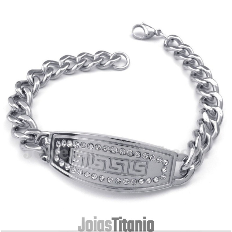 Pulseira Masculina De Titânio Com Padrão Grego Meandro E Diamantes