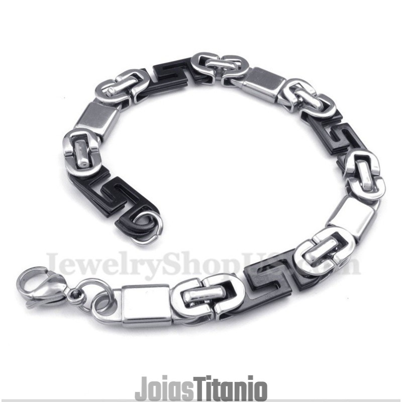 Pulseira Masculina Preta Com Padrão Grego Meandro Em Titânio