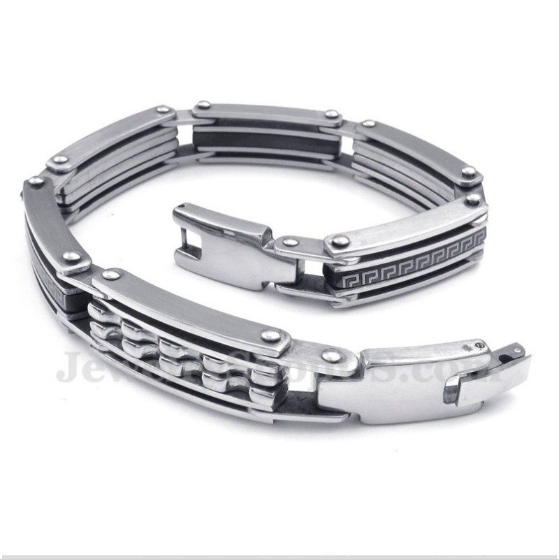 Pulseira Masculina Preta Com Padrão Grego Meandro Em Titânio