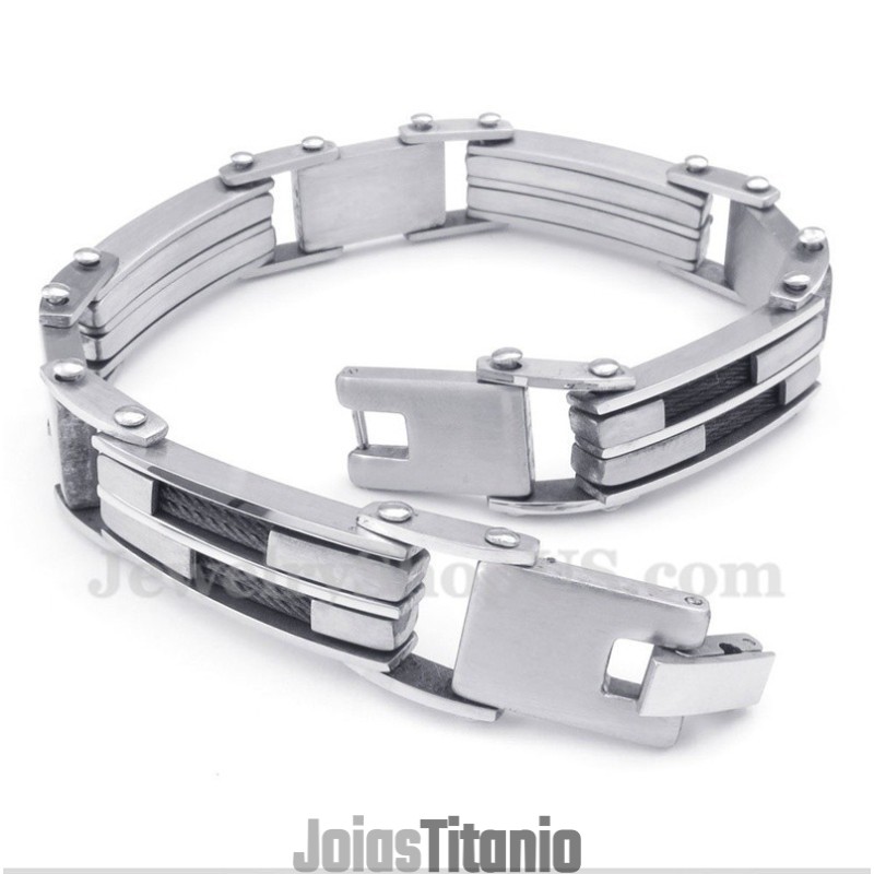 Pulseira Masculina De Titânio Com Cabo Preto