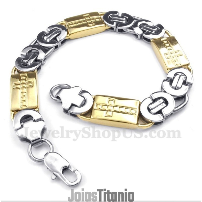 Pulseira Masculina De Titânio E Ouro Com Cruz Pulseira Masculina De Titânio E Ouro Com Cruz