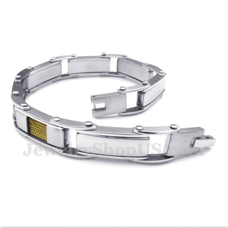 Pulseira Masculina De Titânio Com Cabo Dourado