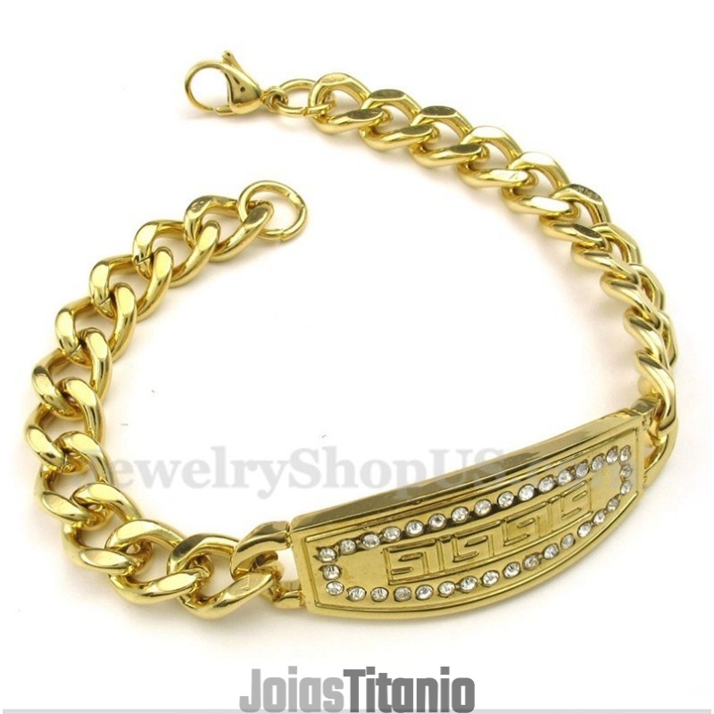 Pulseira Masculina De Titânio Dourado Com Diamantes E Padrão Grego Meandro Pulseira Masculina De Titânio Dourado Com Diamantes E Padrão Grego Meandro