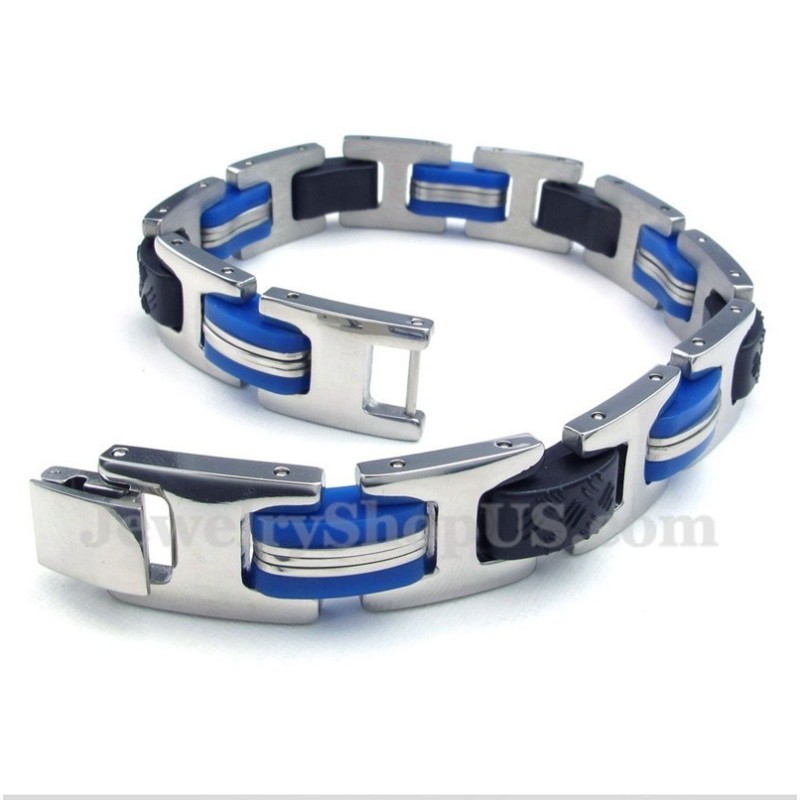 Pulseira Masculina De Titânio Azul E Preta De Borracha