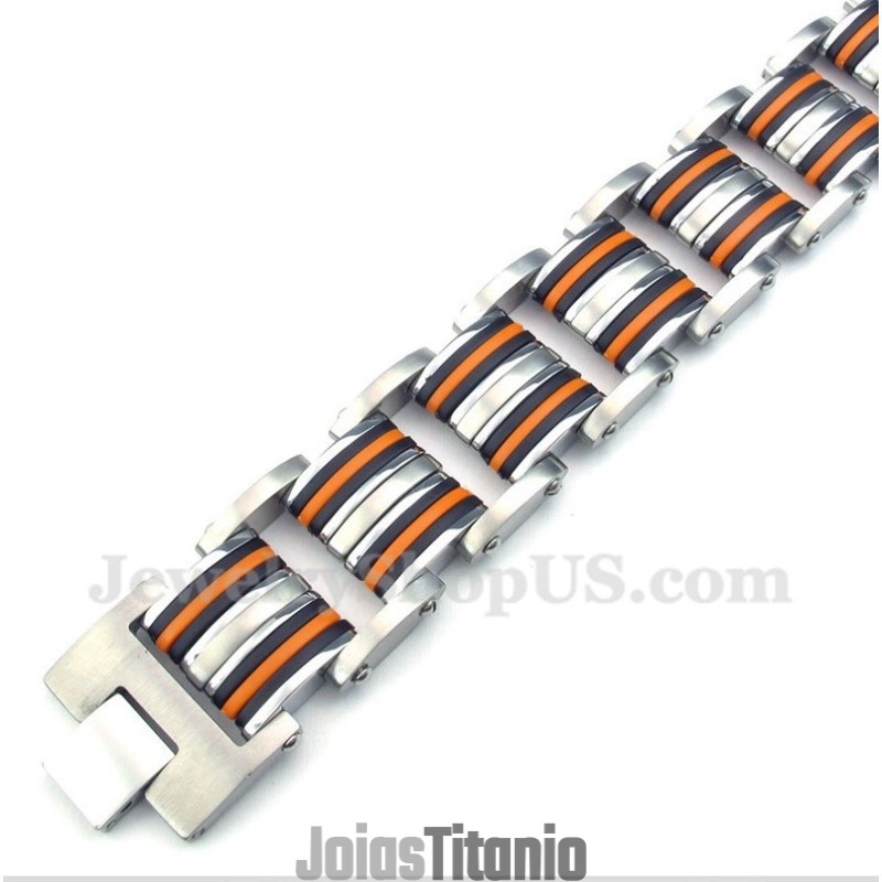 Pulseira Masculina De Titânio Laranja E Preta De Borracha