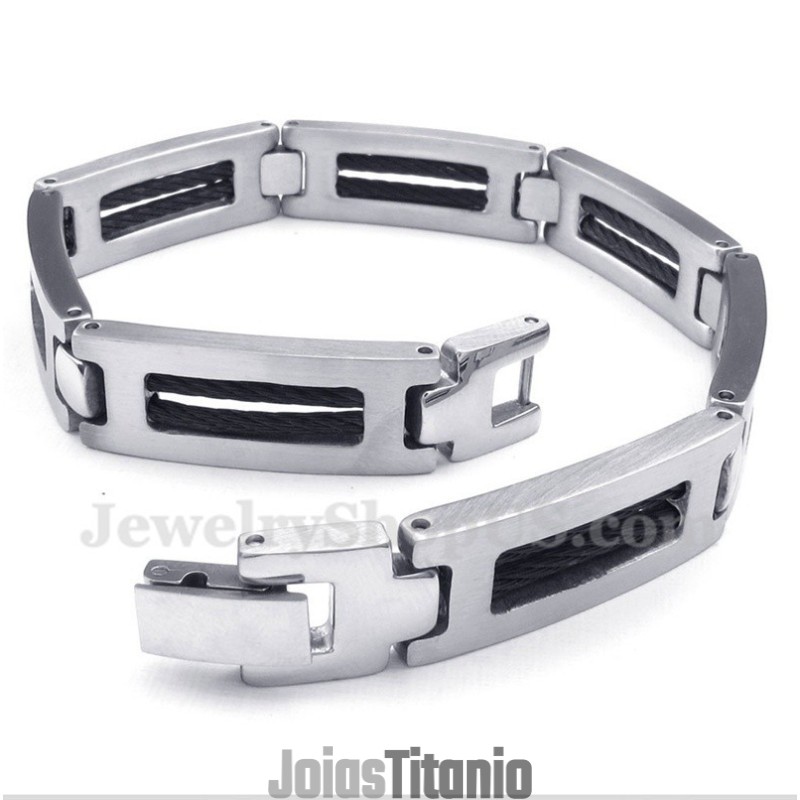 Pulseira Masculina De Titânio Com Cabo Preto