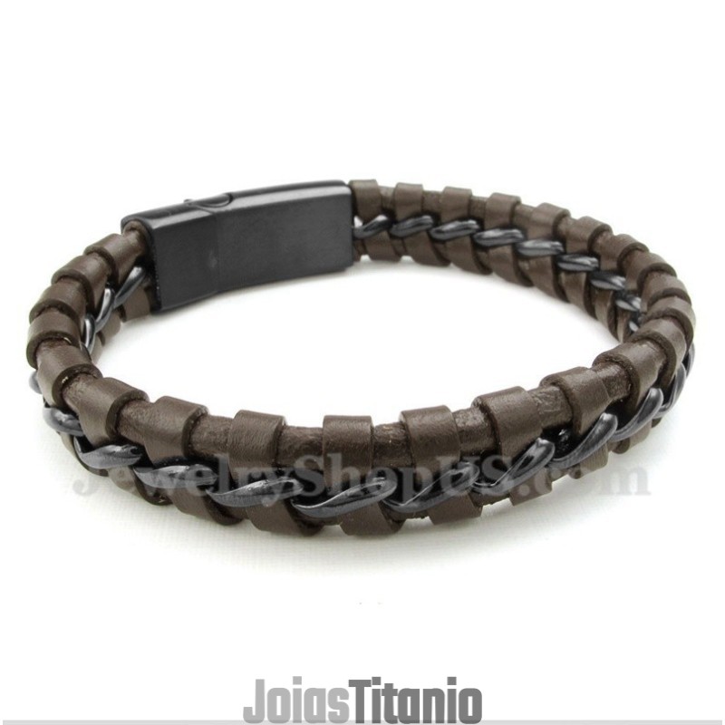 Pulseira Masculina De Couro De Titânio