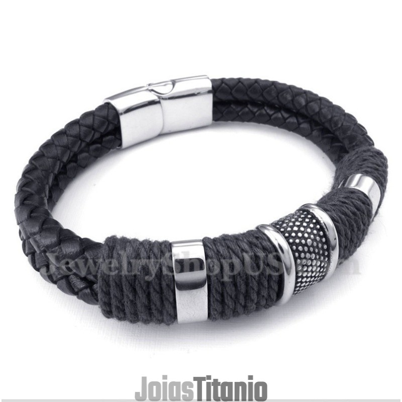 Pulseira Masculina De Couro Preto De Titânio