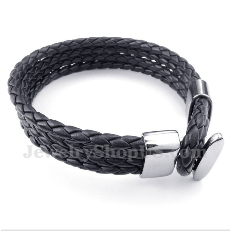 Pulseira Masculina De Couro Preto De Titânio