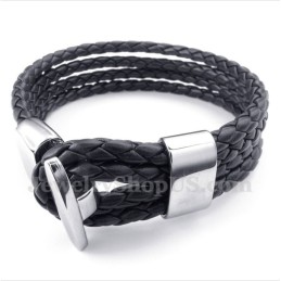 Pulseira Masculina De Couro Preto De Titânio