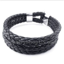 Pulseira Masculina De Couro Preto De Titânio