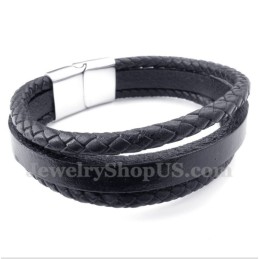 Pulseira Masculina De Couro Preto De Titânio