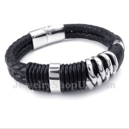 Pulseira Masculina De Couro Preto De Titânio
