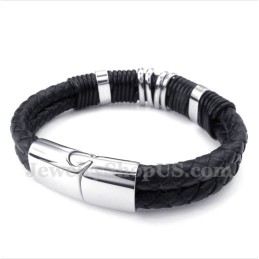 Pulseira Masculina De Couro Preto De Titânio