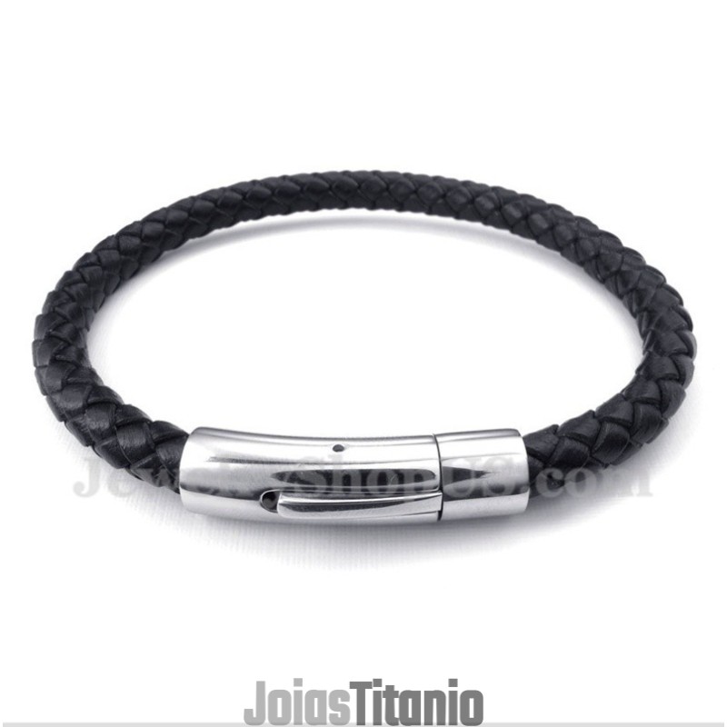 Pulseira Masculina De Couro Preto De Titânio Pulseira Masculina De Couro Preto De Titânio
