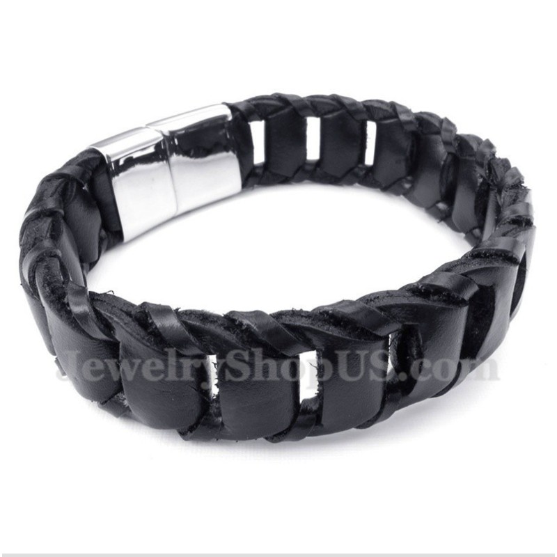 Pulseira Masculina De Couro Preto De Titânio