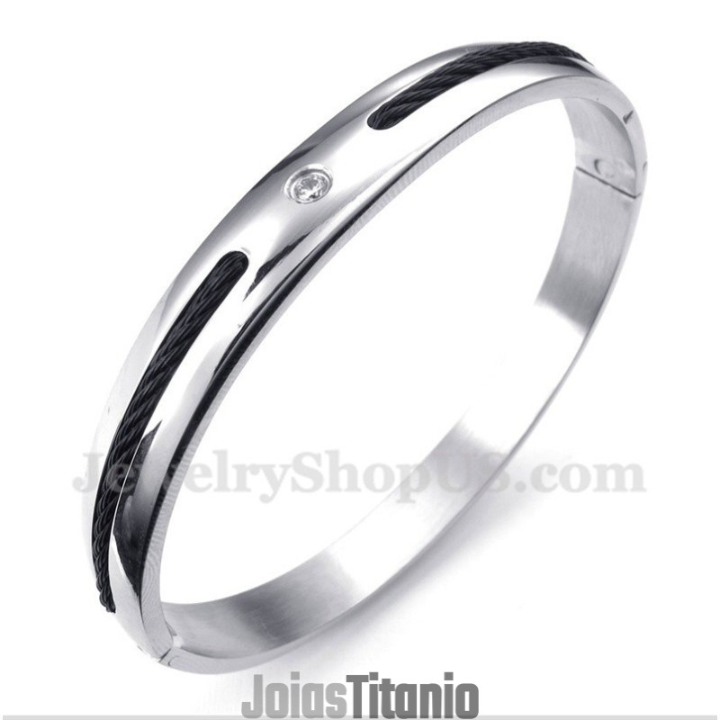 Pulseira Masculina De Titânio Com Cabo Preto E Diamante Pulseira Masculina De Titânio Com Cabo Preto E Diamante