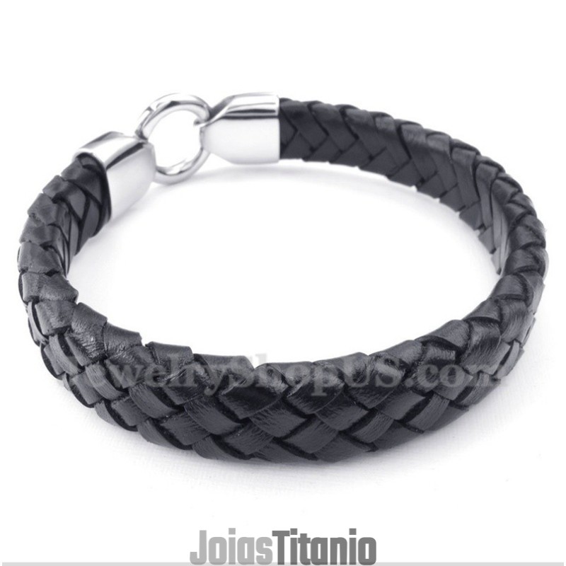 Pulseira Masculina De Couro Preto De Titânio