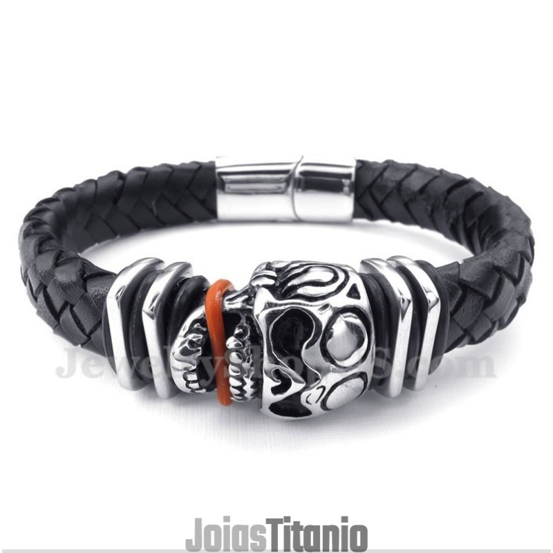Pulseira De Couro Masculina De Titânio Com Caveira Pulseira De Couro Masculina De Titânio Com Caveira