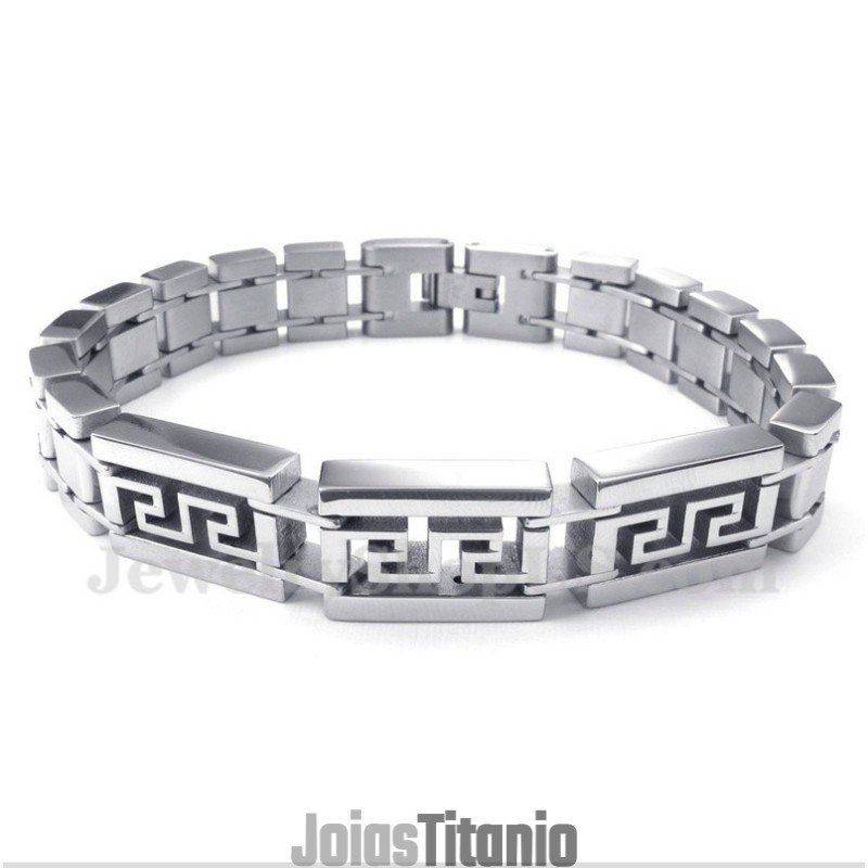 Pulseira Masculina De Titânio Com Padrão Grego Meandro