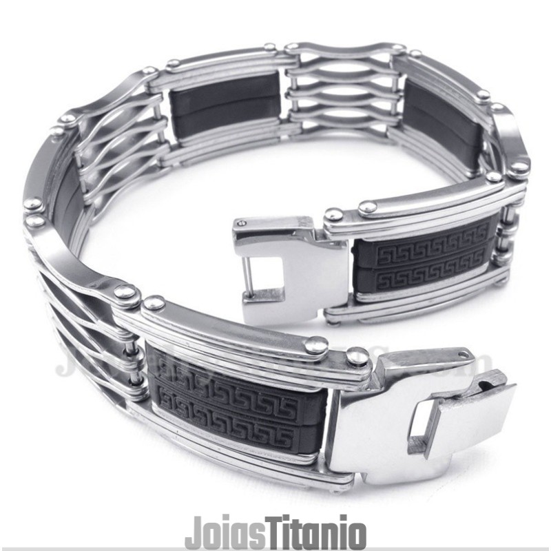 Pulseira Masculina De Titânio Com Padrão Grego Meandro