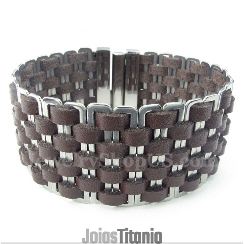 Pulseira Masculina De Couro E Titânio
