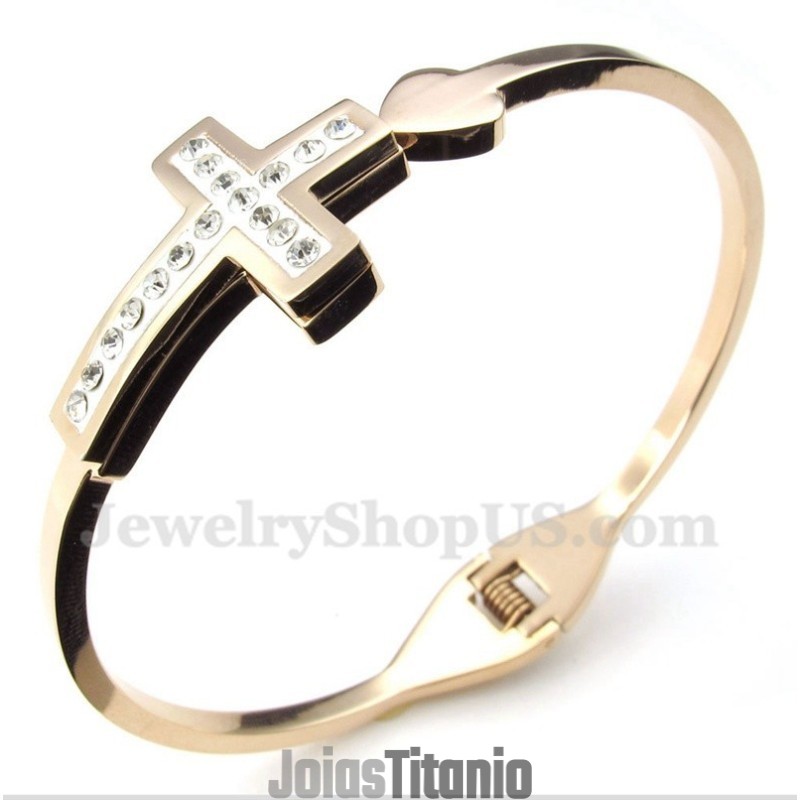 Pulseira Masculina De Titânio Com Cruz Em Ouro Rosa Pulseira Masculina De Titânio Com Cruz Em Ouro Rosa