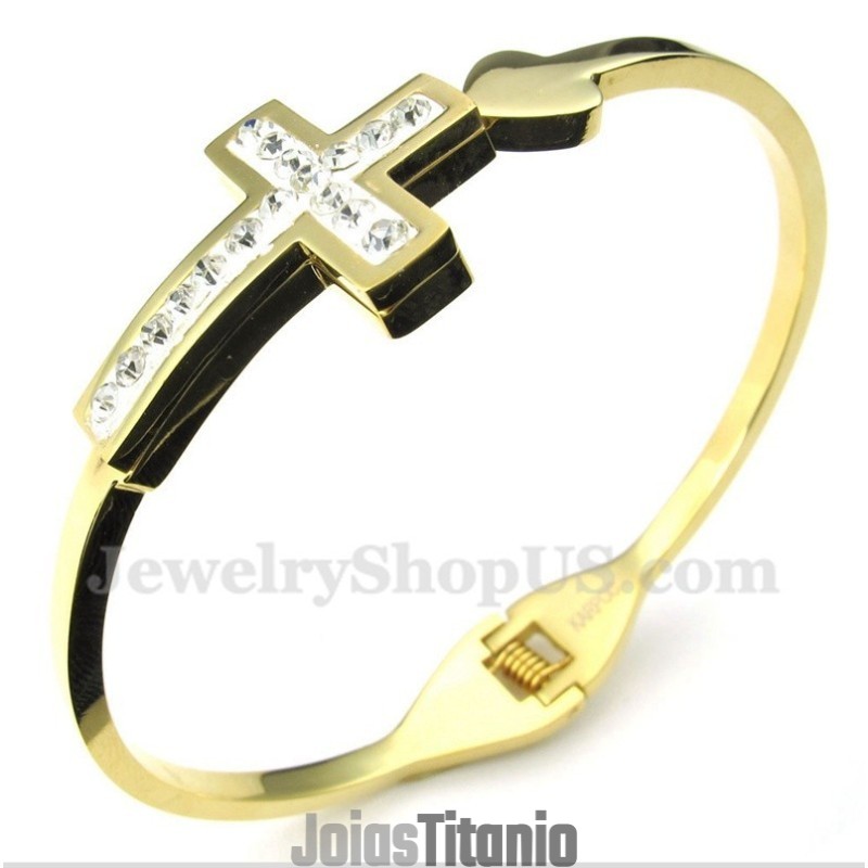Pulseira Masculina De Titânio E Ouro Com Cruz Pulseira Masculina De Titânio E Ouro Com Cruz