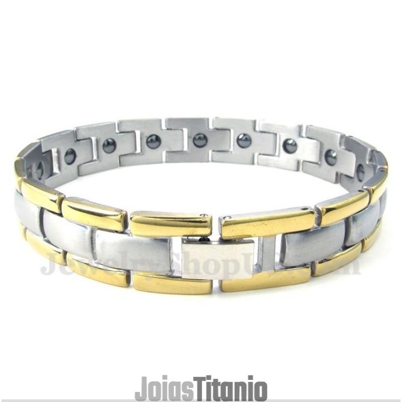 Pulseira Masculina De Titânio Com Ímã Dourado